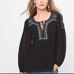 WHBM Tansy Embroidered Boho Cut Out Peasant Blouse Women’s SZ 6 Black Blue White